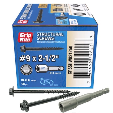 Lag Screw, #9, 2-1/2 in, Hex Washer Head Torx Drive, 50 PK